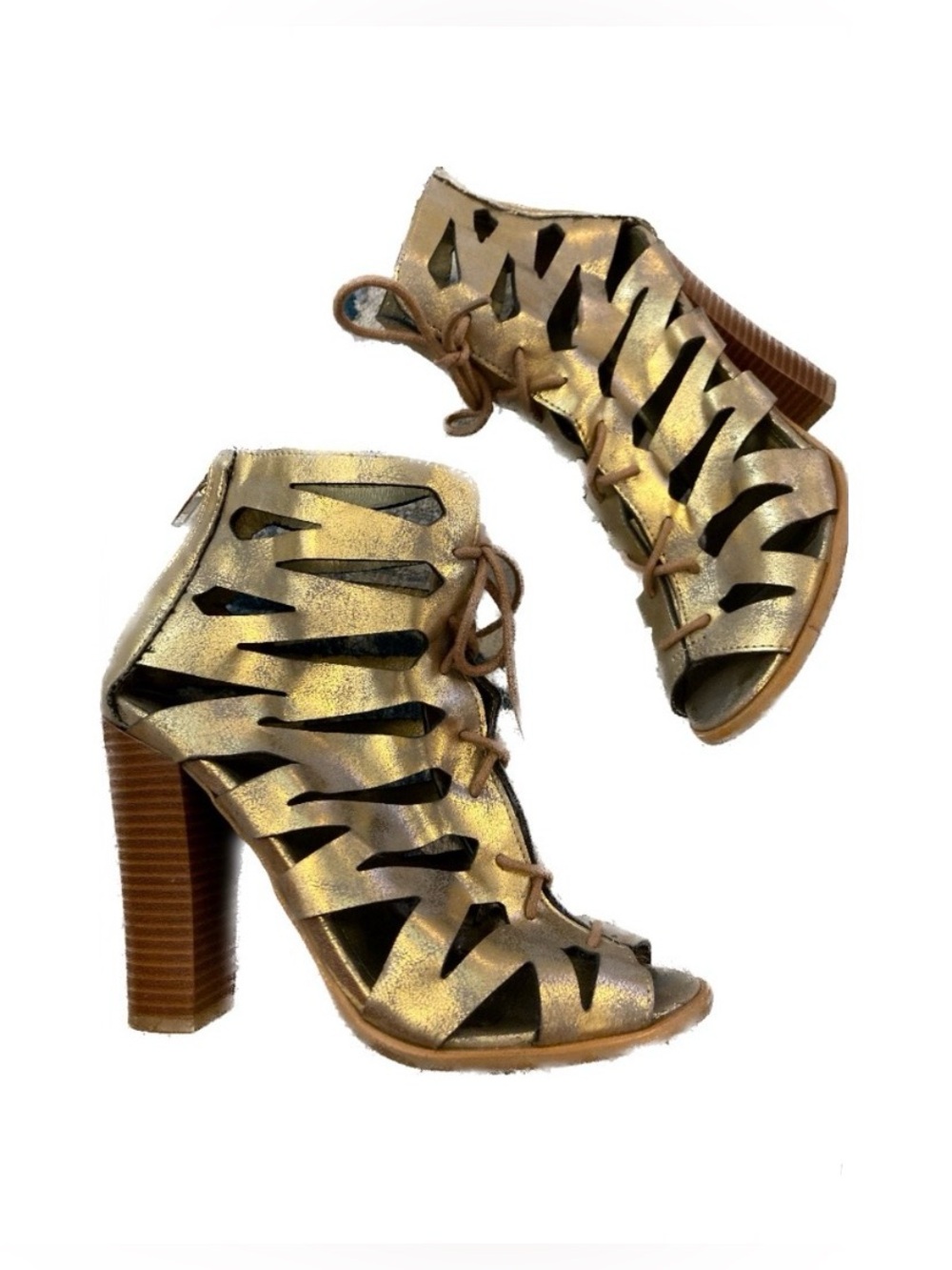 Call It Spring Gold Metallic Bootie Lace Up Block High Heels Zip Up Chunky | 7.5